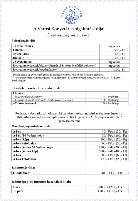 Érvényes szolgáltatási díjaink